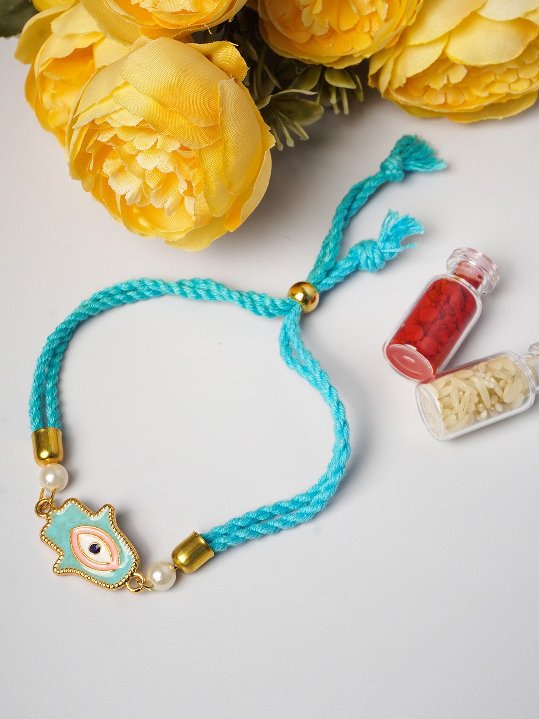 

Ferosh Turquoise Blue Hamsa Hand Evil Eye Wraparound Rakhi