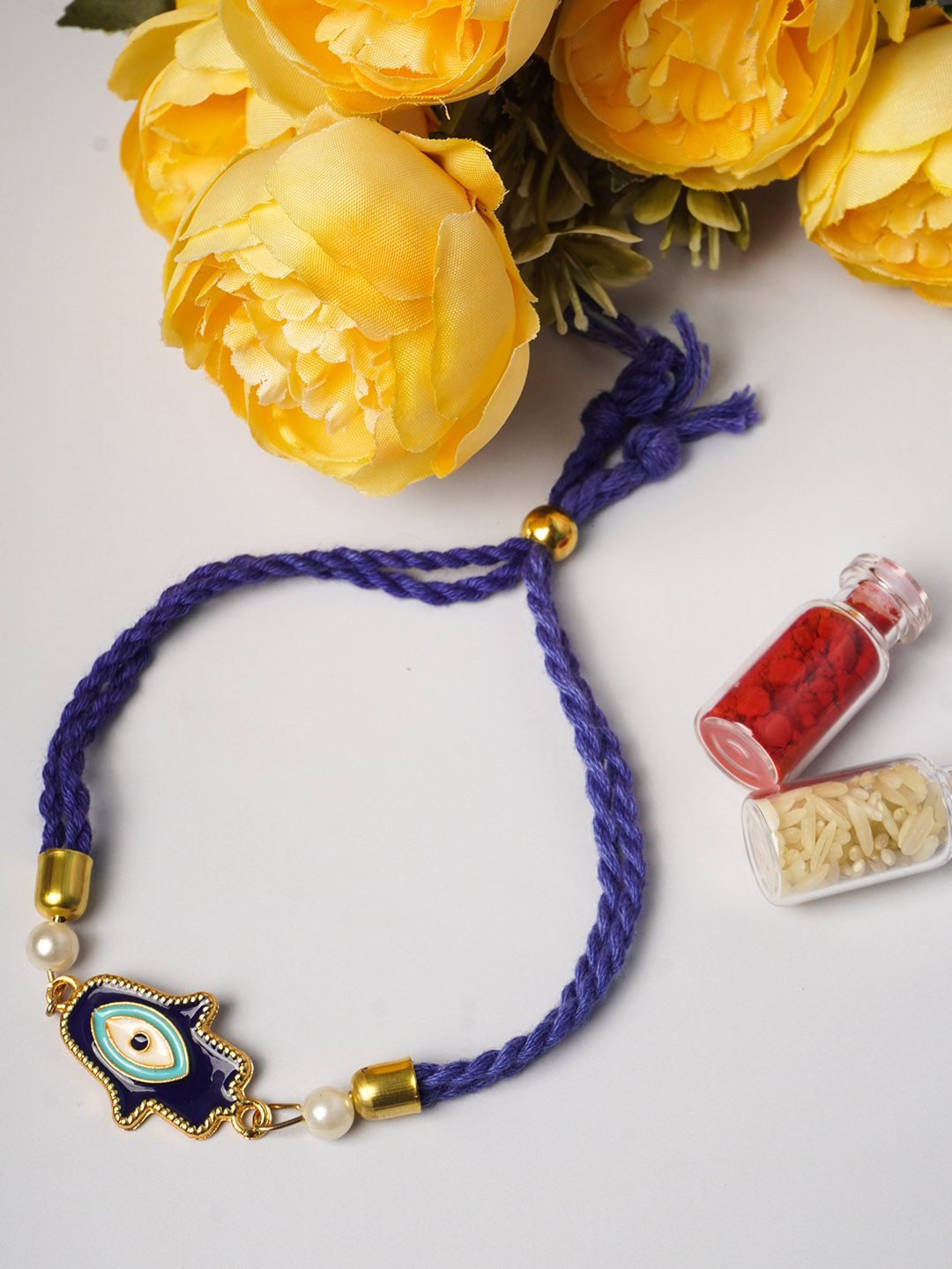 

Ferosh Blue & Gold-Toned Hamsha Evil Eye Rakhi