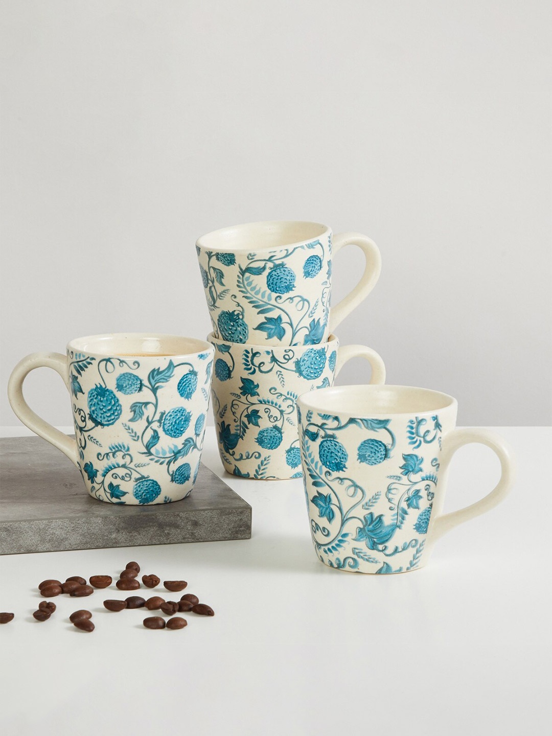 

Home Centre Set of 4 White & Blue Printed Dishware safe Stoneware Mugs 240ml