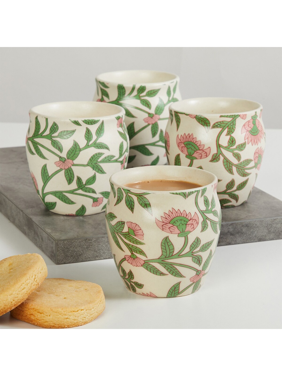 

Home Centre Set of 4 White & Green Printed Dishware safe Stoneware Glossy Mugs 180ml each