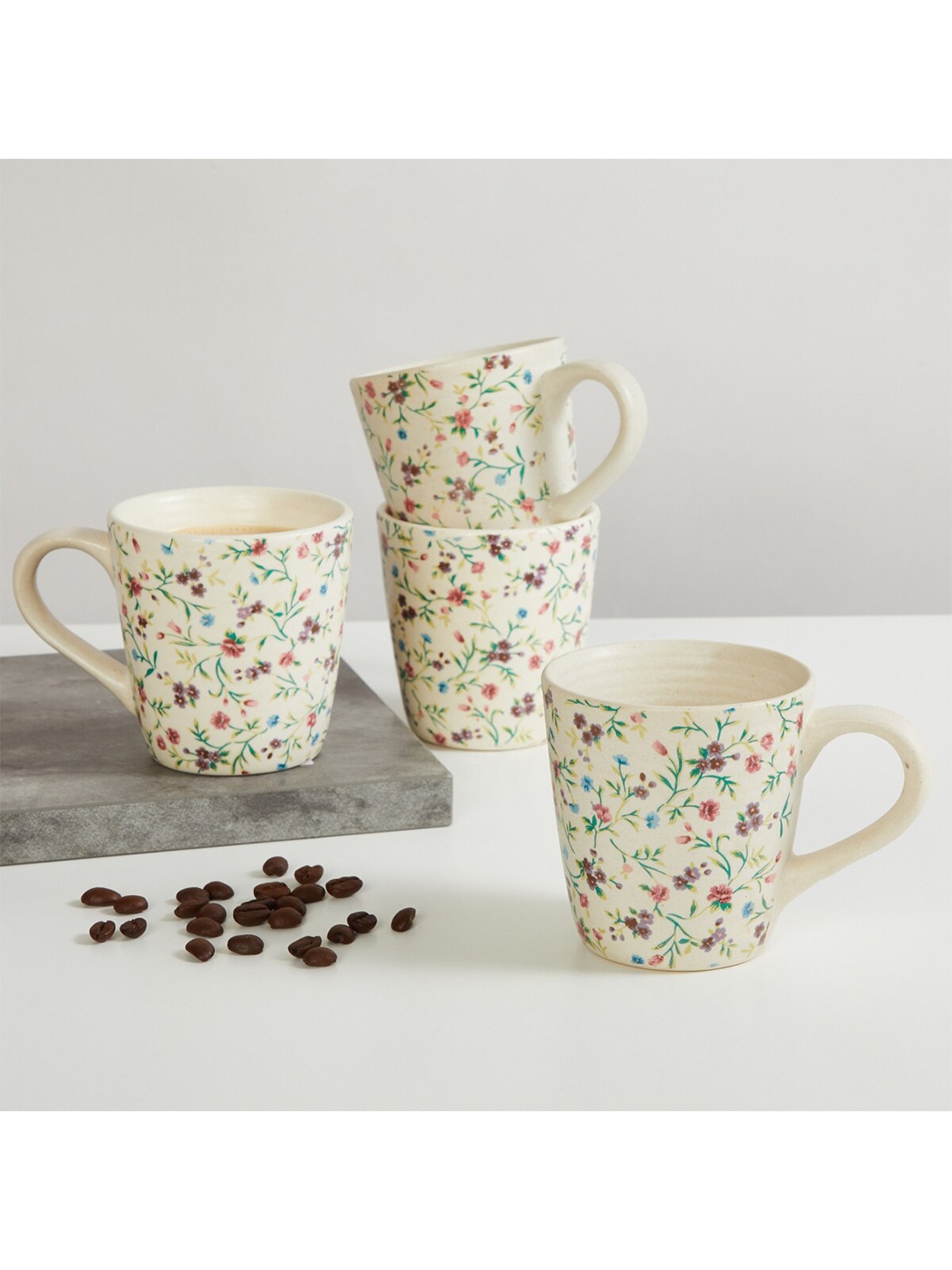 

Home Centre Set of 4 White & Multicoloured Dishware safe Stoneware Glossy Mugs 240ml each
