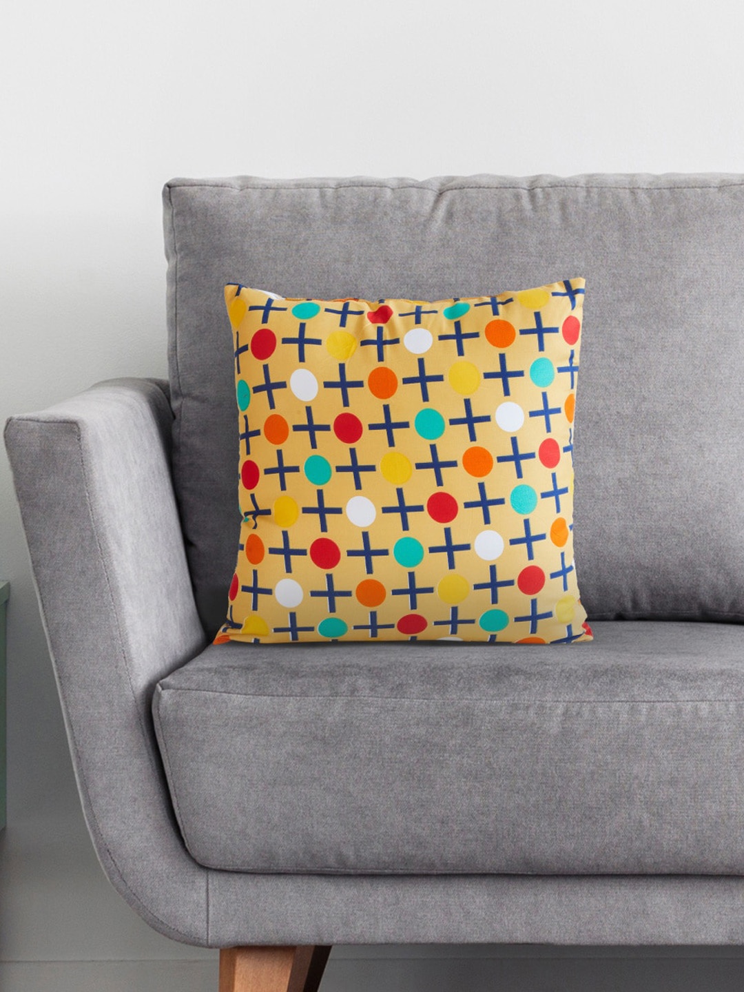 

Home Centre Yellow & Navy Blue Printed Square Filled Cushion