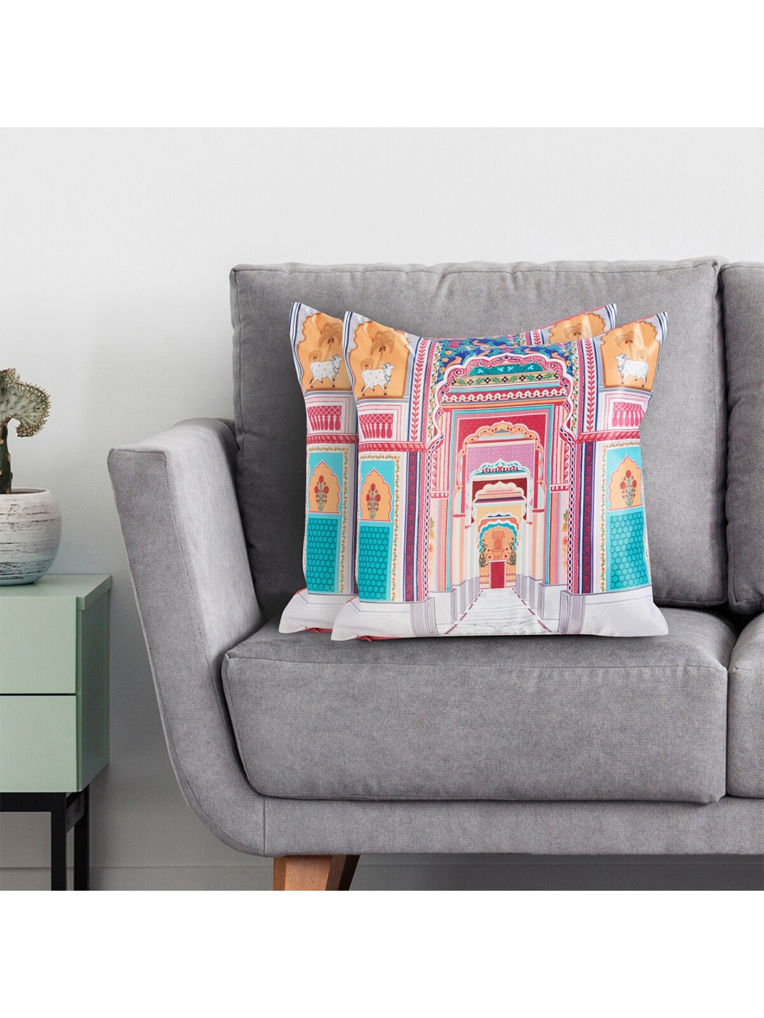 

Home Centre Adults White & Orange Set of 2 Printed Square Cushion Covers
