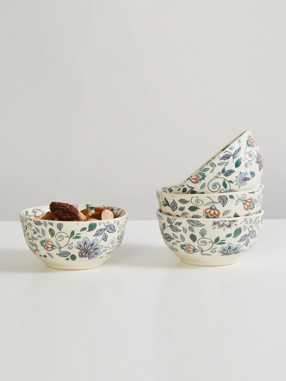 

Home Centre White & Blue Set of 4 Printed Dishwasher safe Stoneware Bowls 250ml each