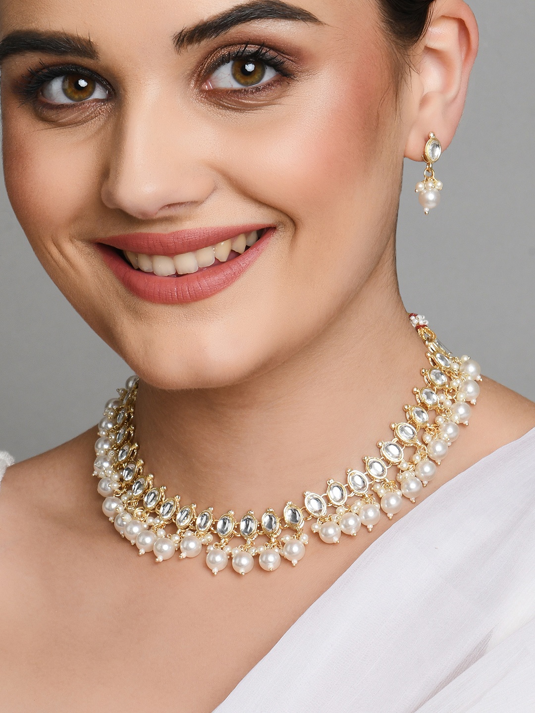 

Fida White Gold-Plated Stone Studded Pearl Beaded Jewellery Set