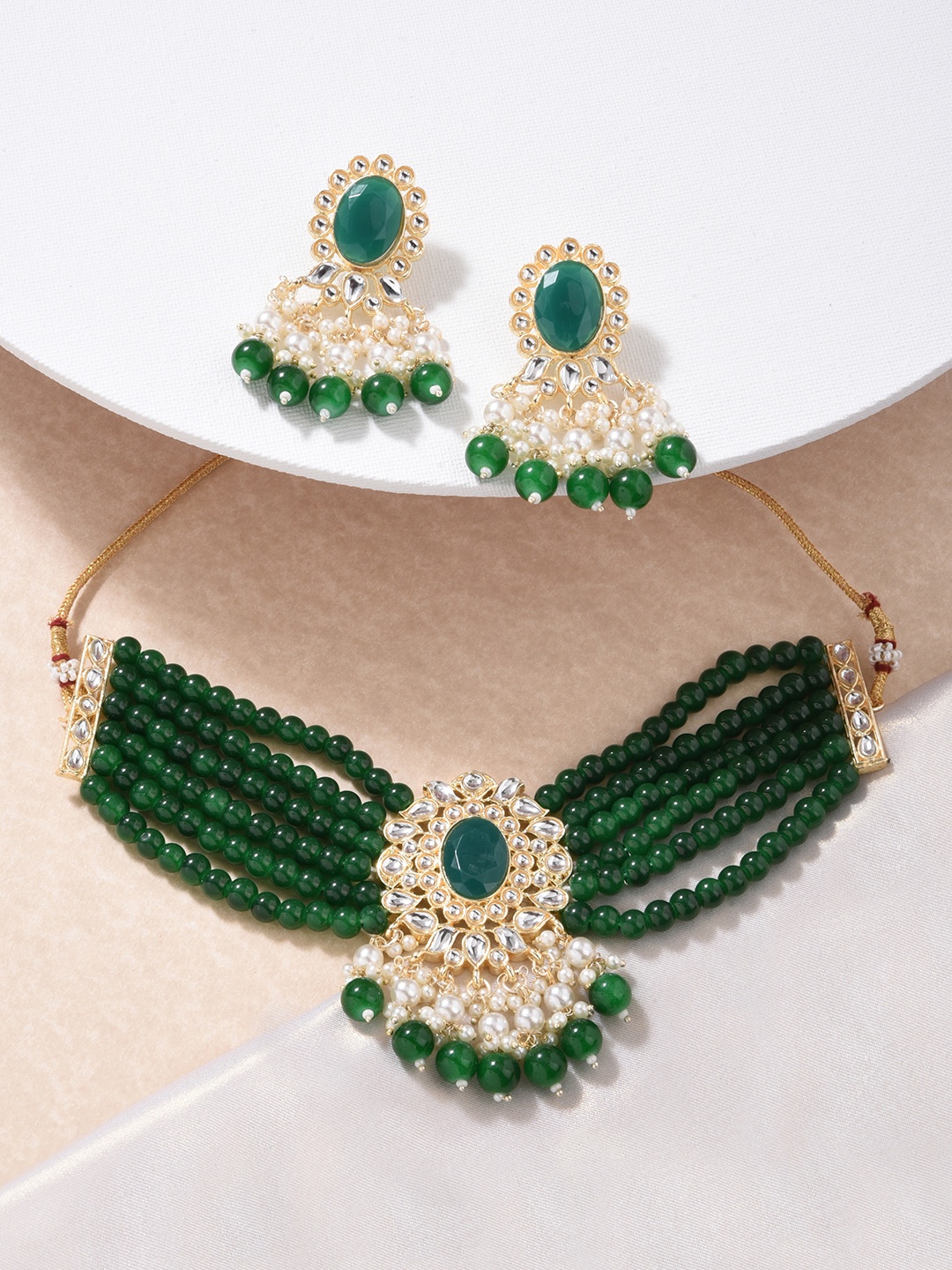 

Fida Gold-Plated White & Green Stone-Studded & Beaded Choker Necklace & Earrings