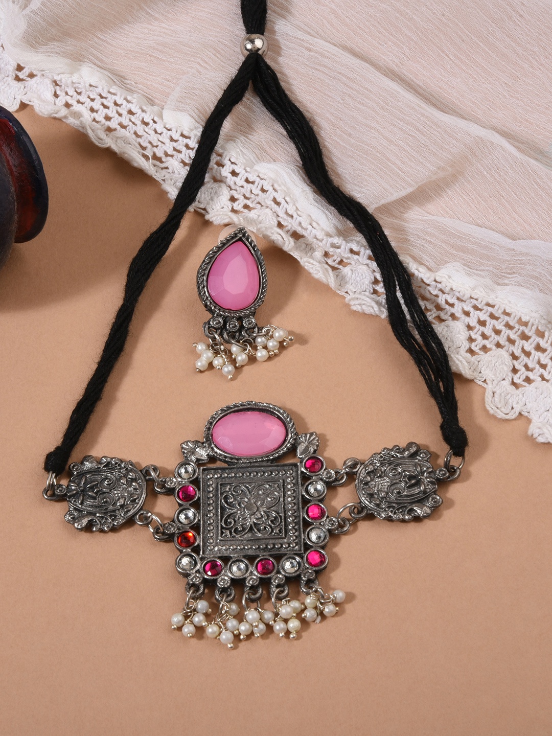 

Fida Silver-Plated Pink Kundan Studded Tribal Choker Jewellery Set