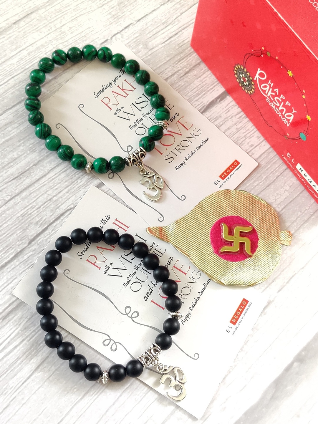 

EL REGALO Bhaiya Bhabhi Set Of 2 Green Black Beaded Bracelet Rakhi