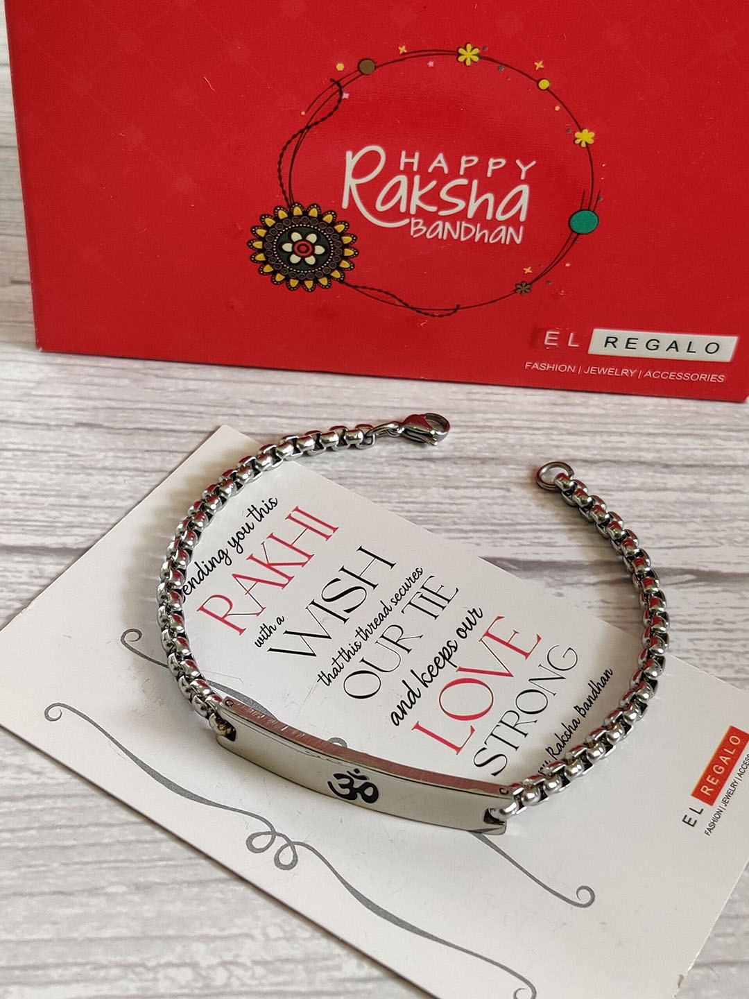 

EL REGALO Silver-Toned Bracelet Rakhi with Roli Chawal & Greetings Card