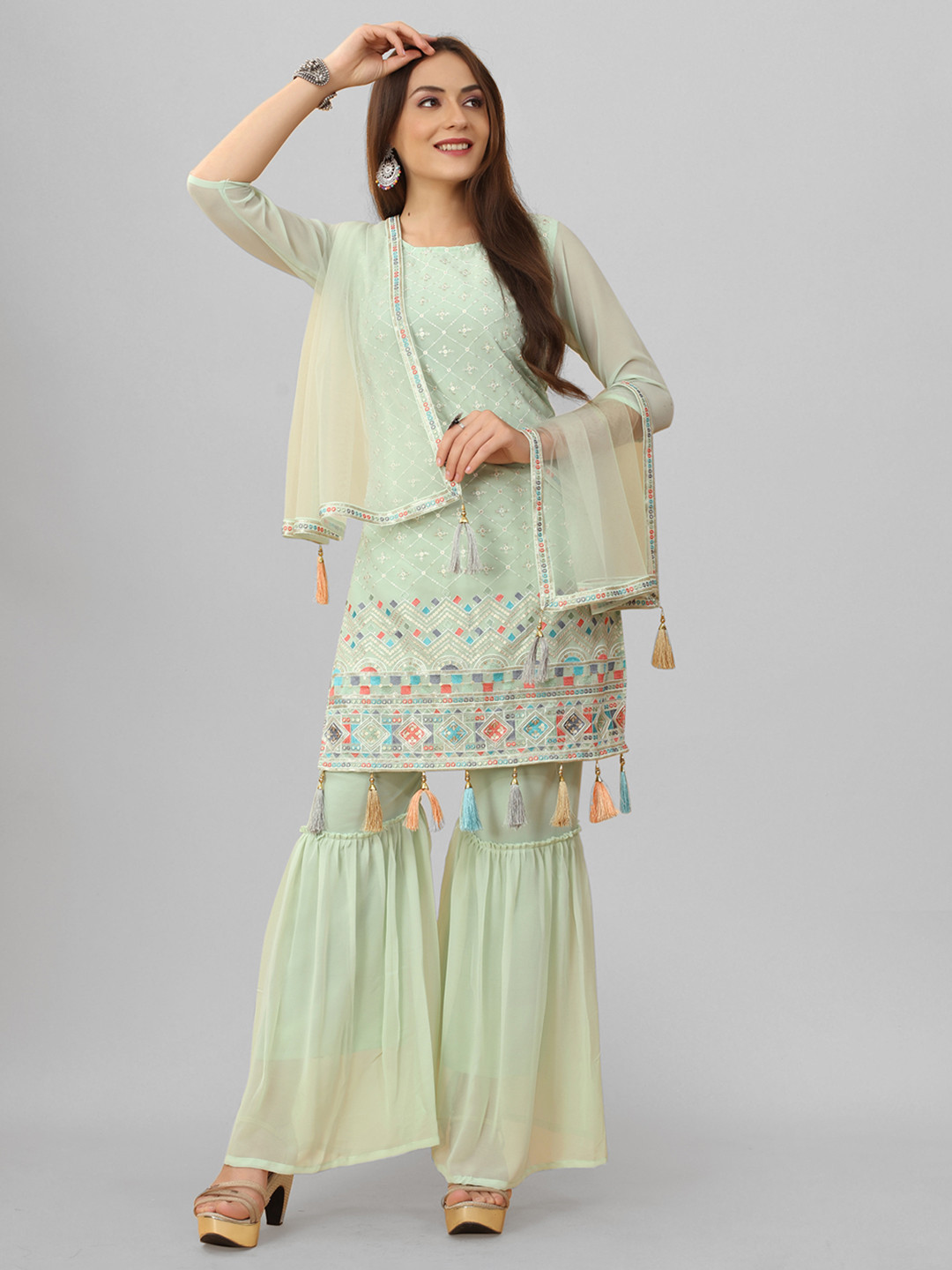 

ASPORA Women Green Ethnic Motifs Embroidered Sequinned Kurti with Sharara & With Dupatta