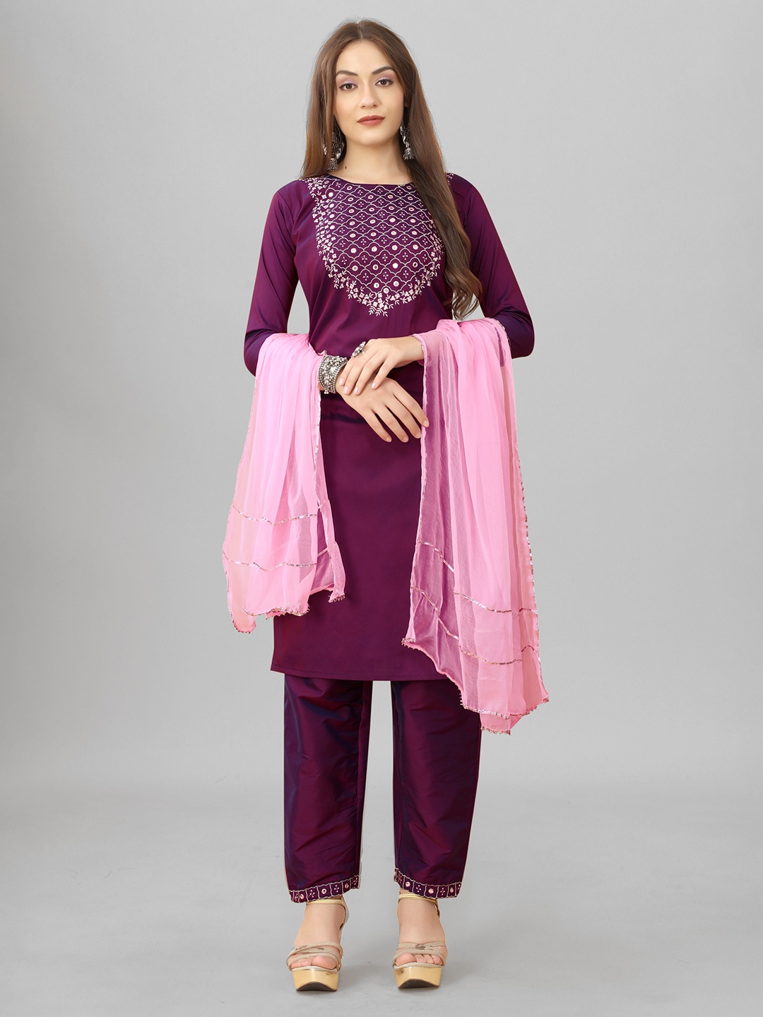 

ASPORA Women Purple Embroidered Gotta Patti Kurta with Churidar & With Dupatta