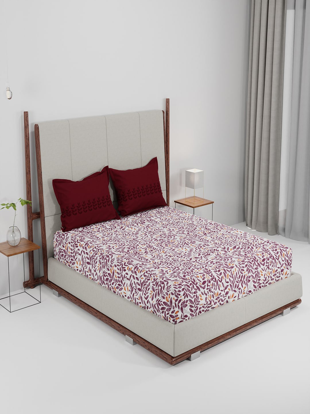 

MYTRIDENT Maroon Off White Floral 144 TC Queen Bedsheet with 2 Pillow Covers