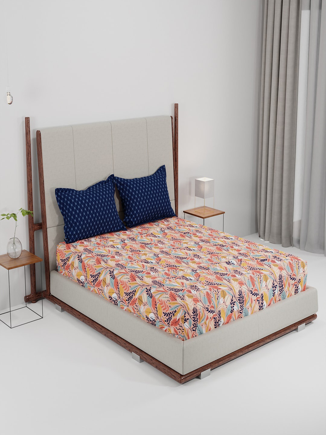 

MYTRIDENT Orange Blue Floral Cotton 144 TC Queen Bedsheet with 2 Pillow Covers