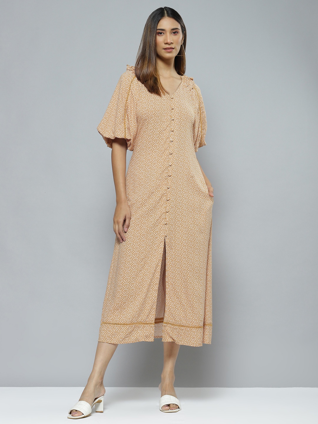 

Femella Mustard Yellow Floral Front Slit A-Line Midi Dress