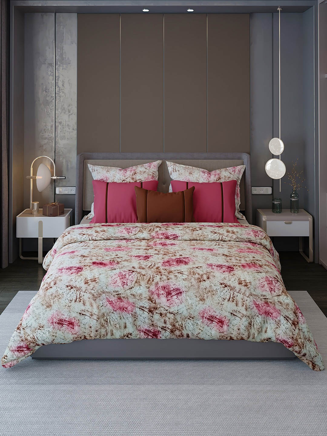 

LABHAM Cream-Coloured & Pink 210 TC King Bedsheet with 2 Pillow Covers