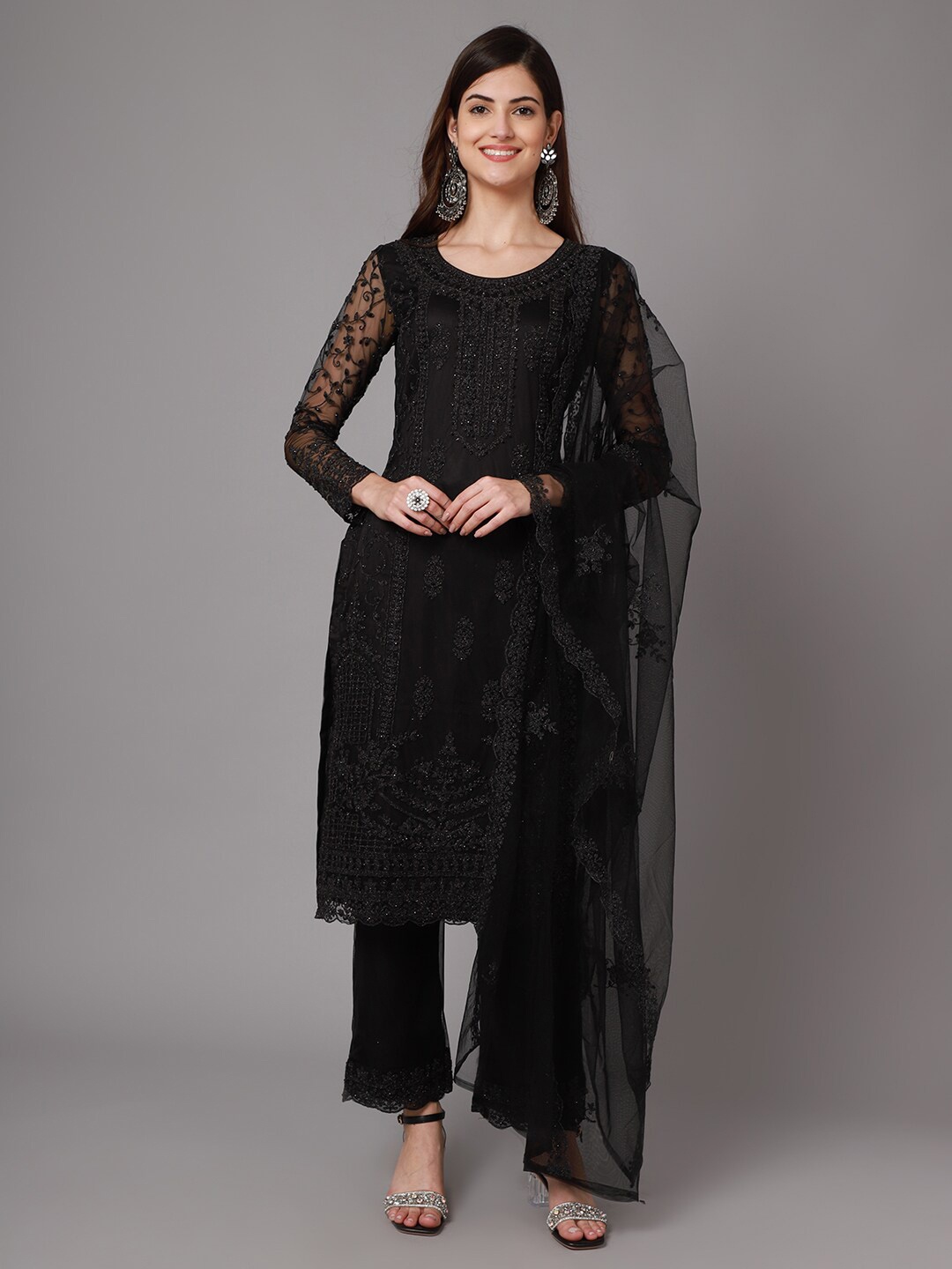 

Stylee LIFESTYLE Black Embroidered Net Unstitched Dress Material