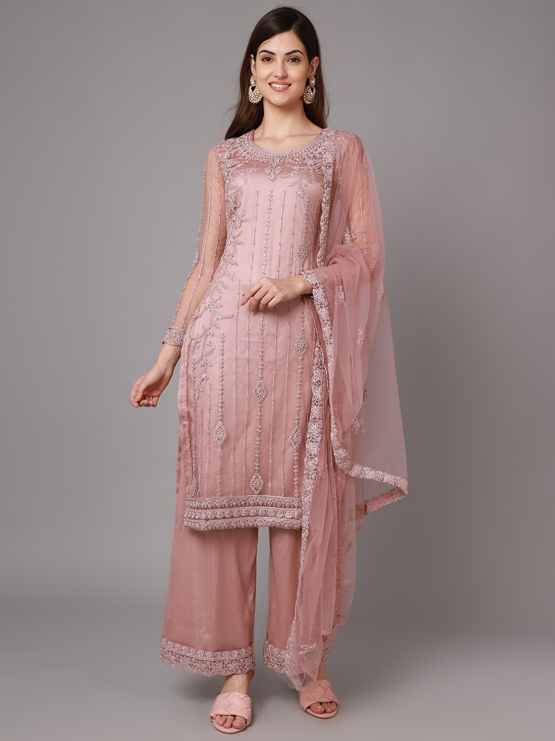 

Stylee LIFESTYLE Pink Embroidered Net Unstitched Dress Material
