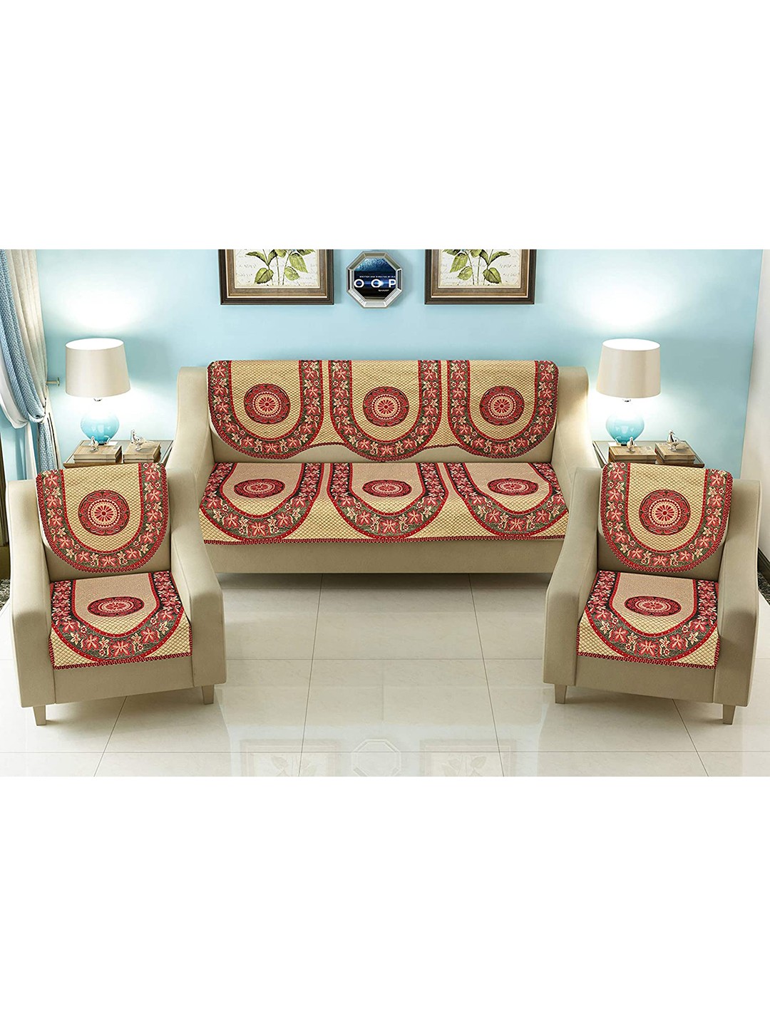 

MULTITEX Red & Beige Ethnic Motifs Printed 10 Pieces Jacquard Sofa Cover