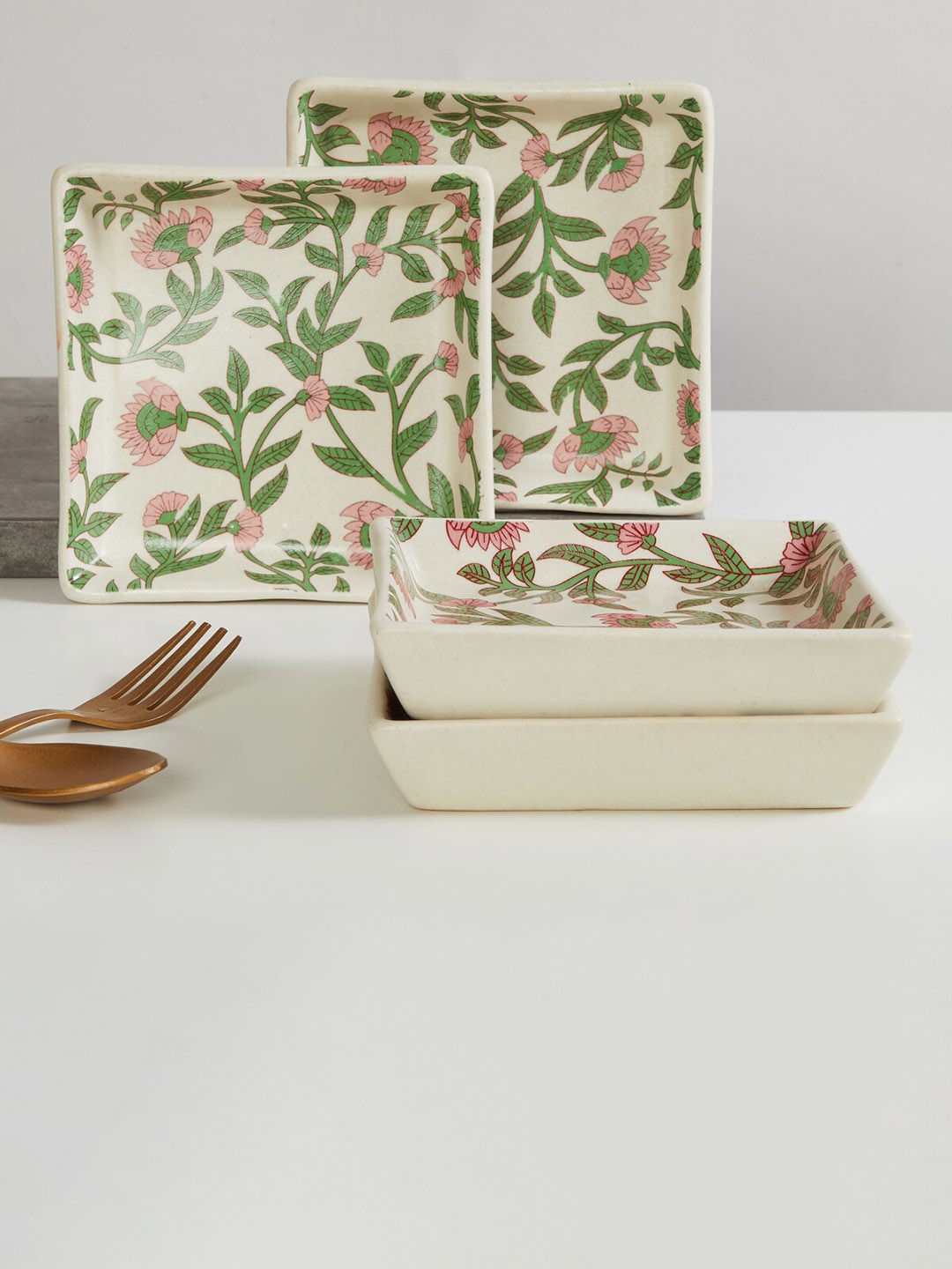 Home Centre Set of 4 Green Floral Stoneware Platter