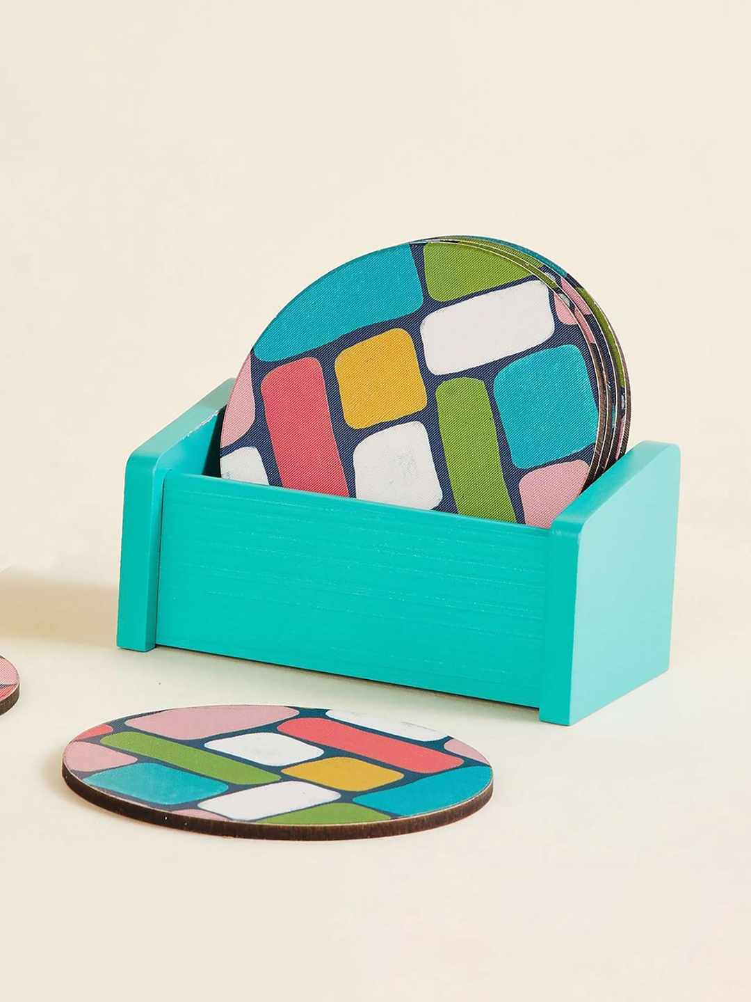 

Home Centre Set of 6 Multicolor Corsica Retroglitz Printed Wooden Tea Coasters with Stand, Multi