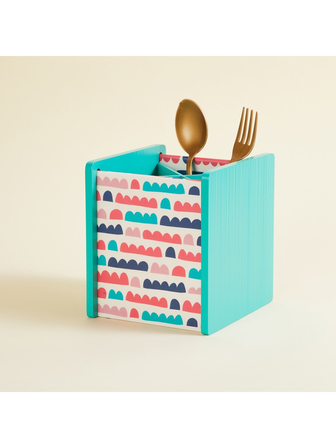 

Home Centre Turquoise Blue & White Corsica Retroglitz Printed Wooden Cutlery Holder