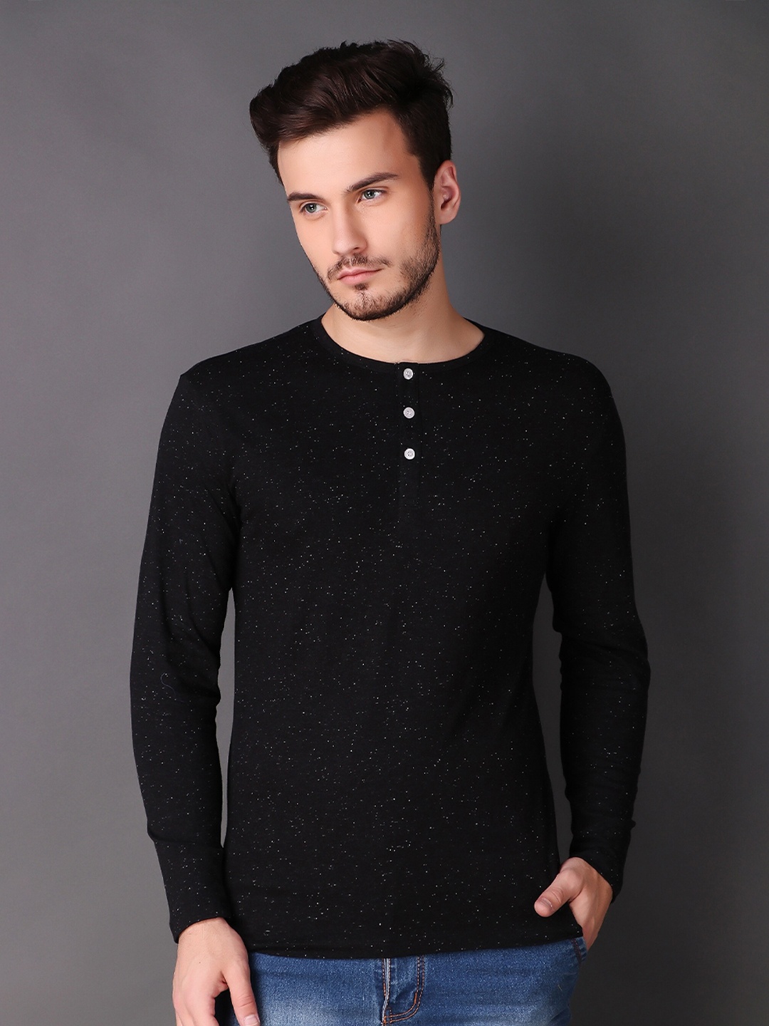 

LE BOURGEOIS Men Black Henley Neck T-shirt