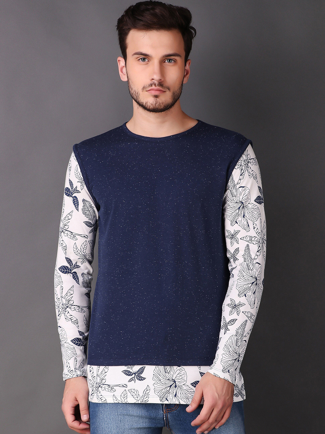 

LE BOURGEOIS Men Navy Blue Floral Printed T-shirt