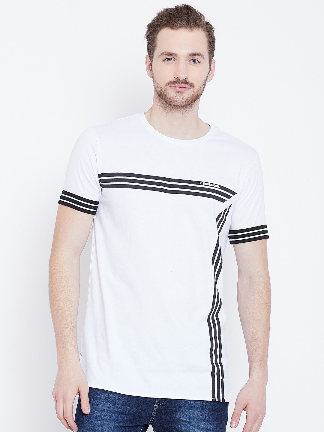 

LE BOURGEOIS Men White Striped Monochrome T-shirt