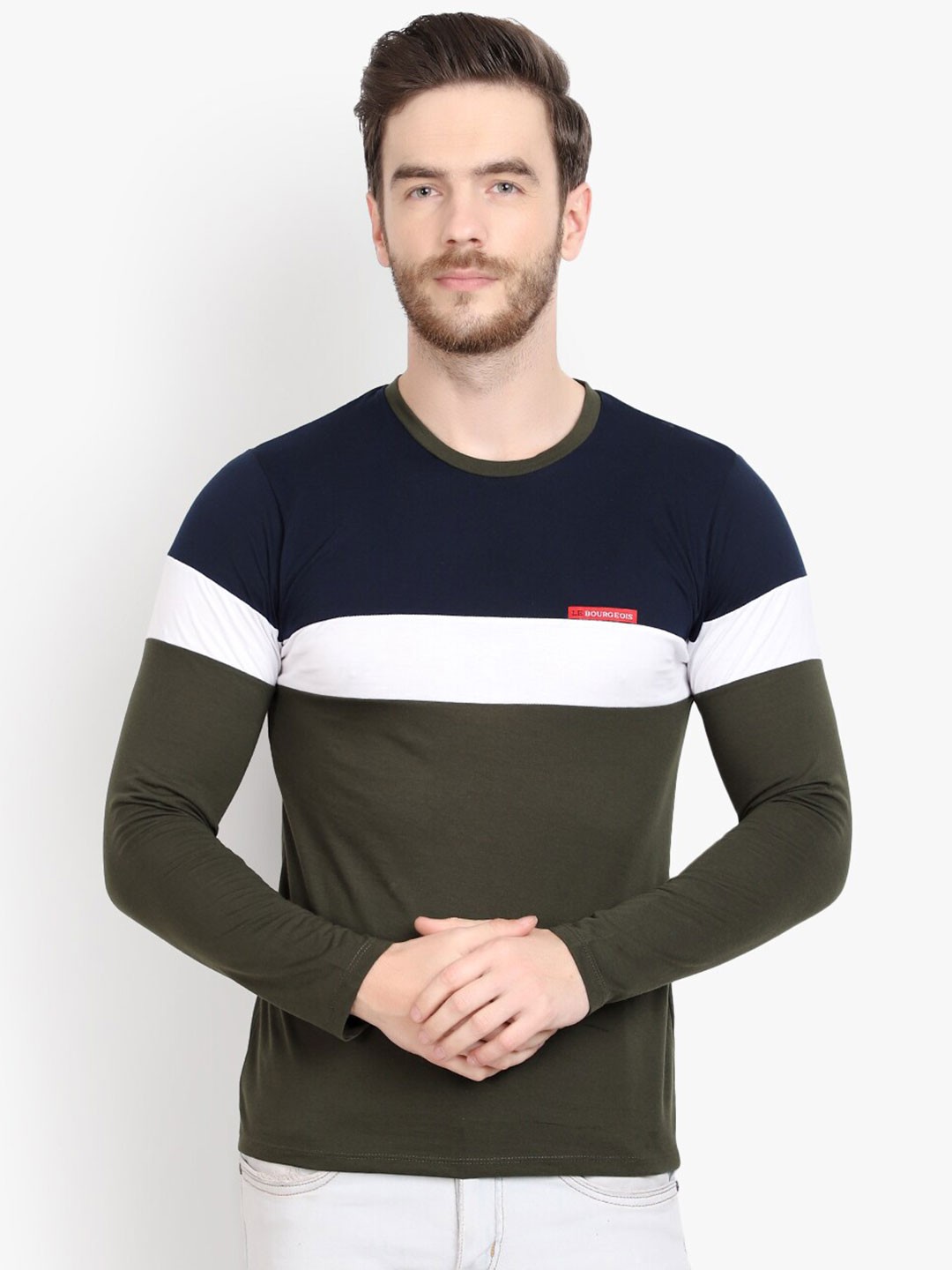 

LE BOURGEOIS Men Olive Green Colourblocked T-shirt