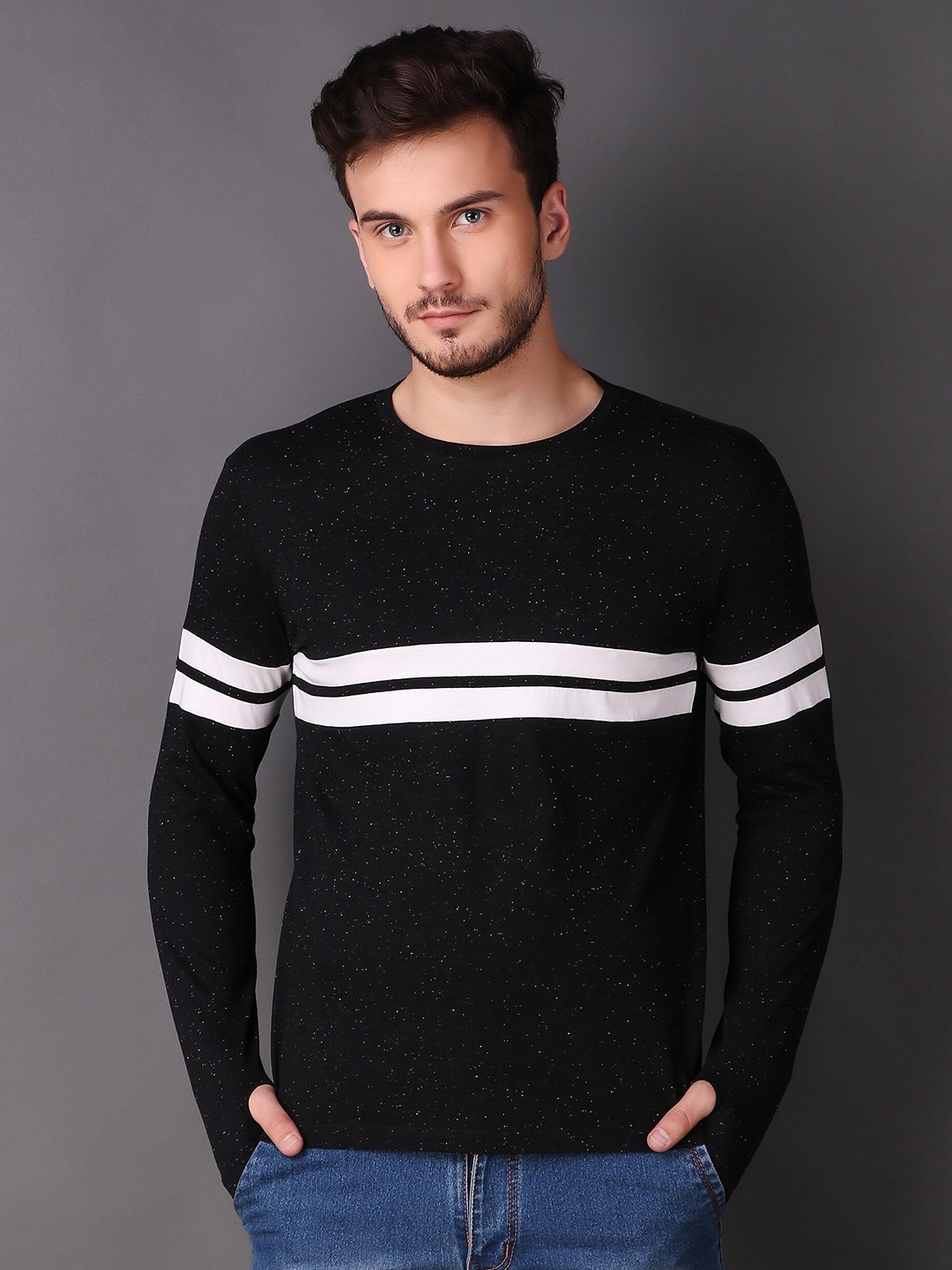 

LE BOURGEOIS Men Black Striped white Full Sleeve T-shirt