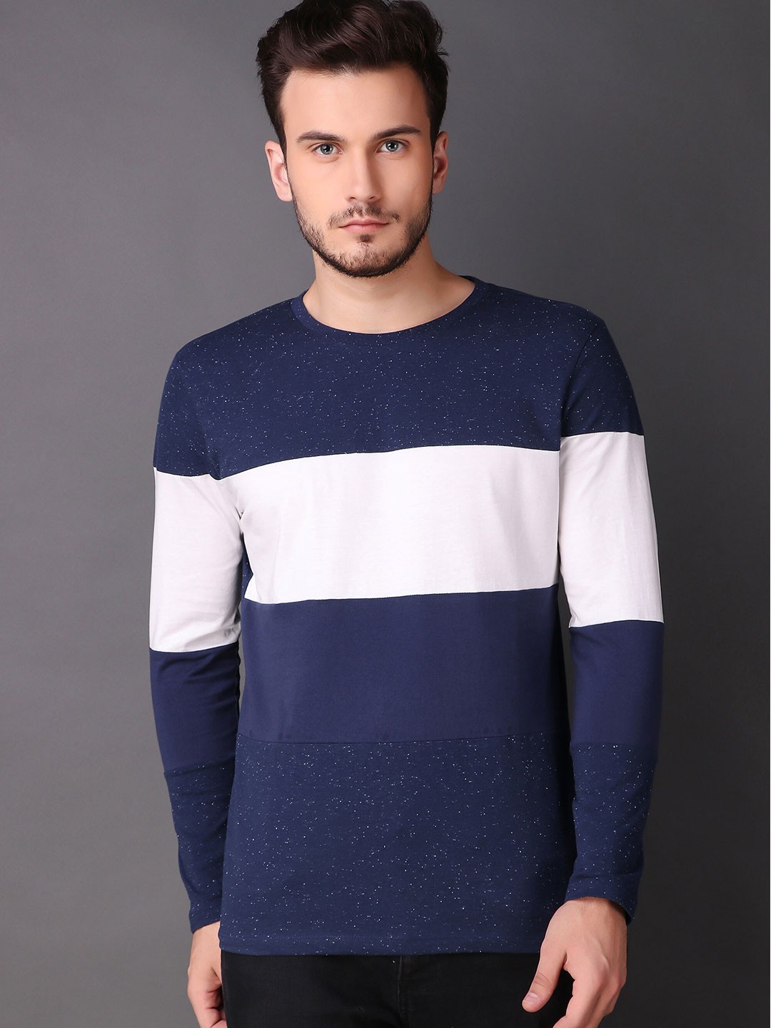 

LE BOURGEOIS Men Navy Blue Colourblocked Raw Edge T-shirt