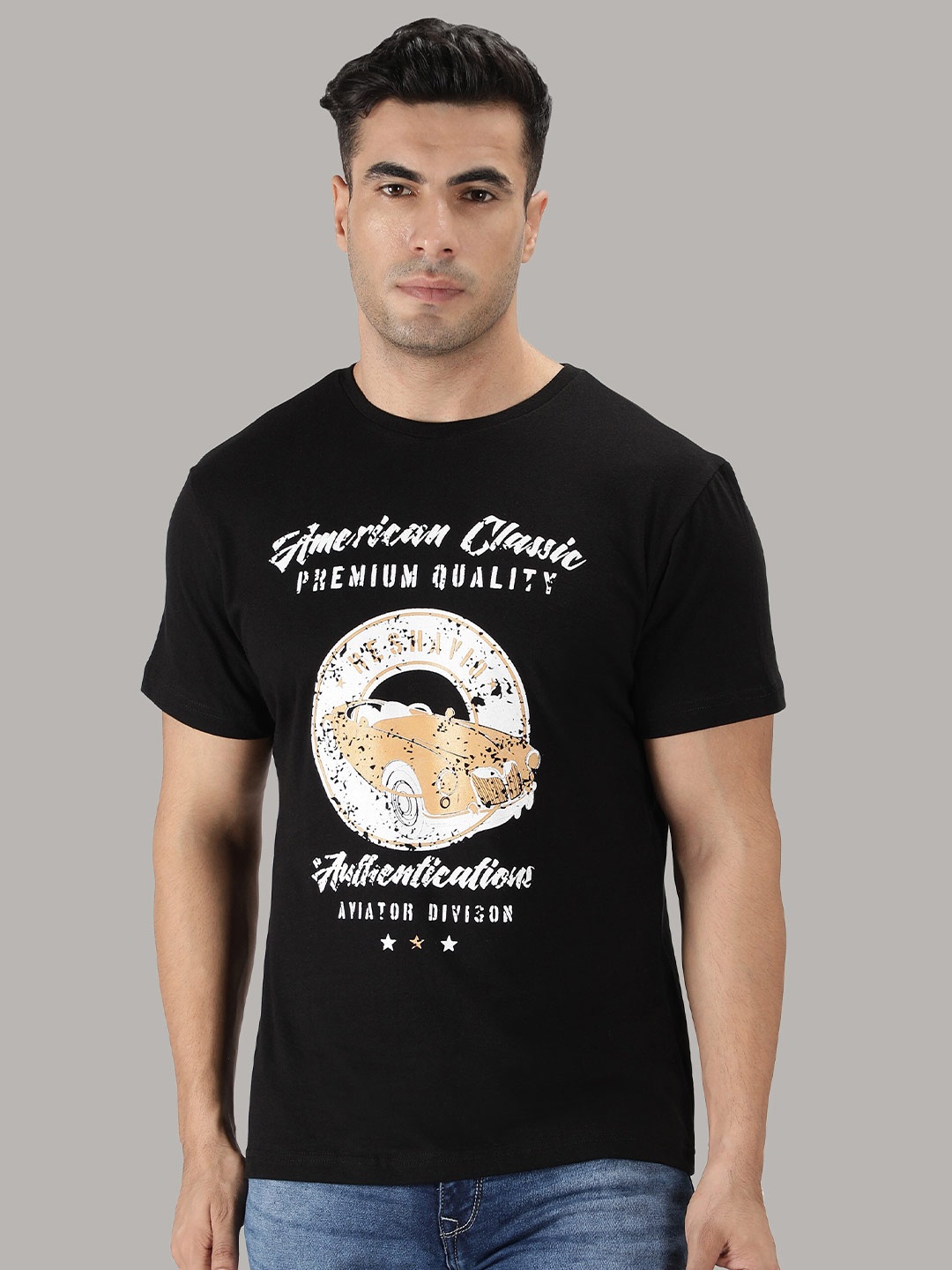 

Reshavio Men Black Car Printed Raw Edge T-shirt