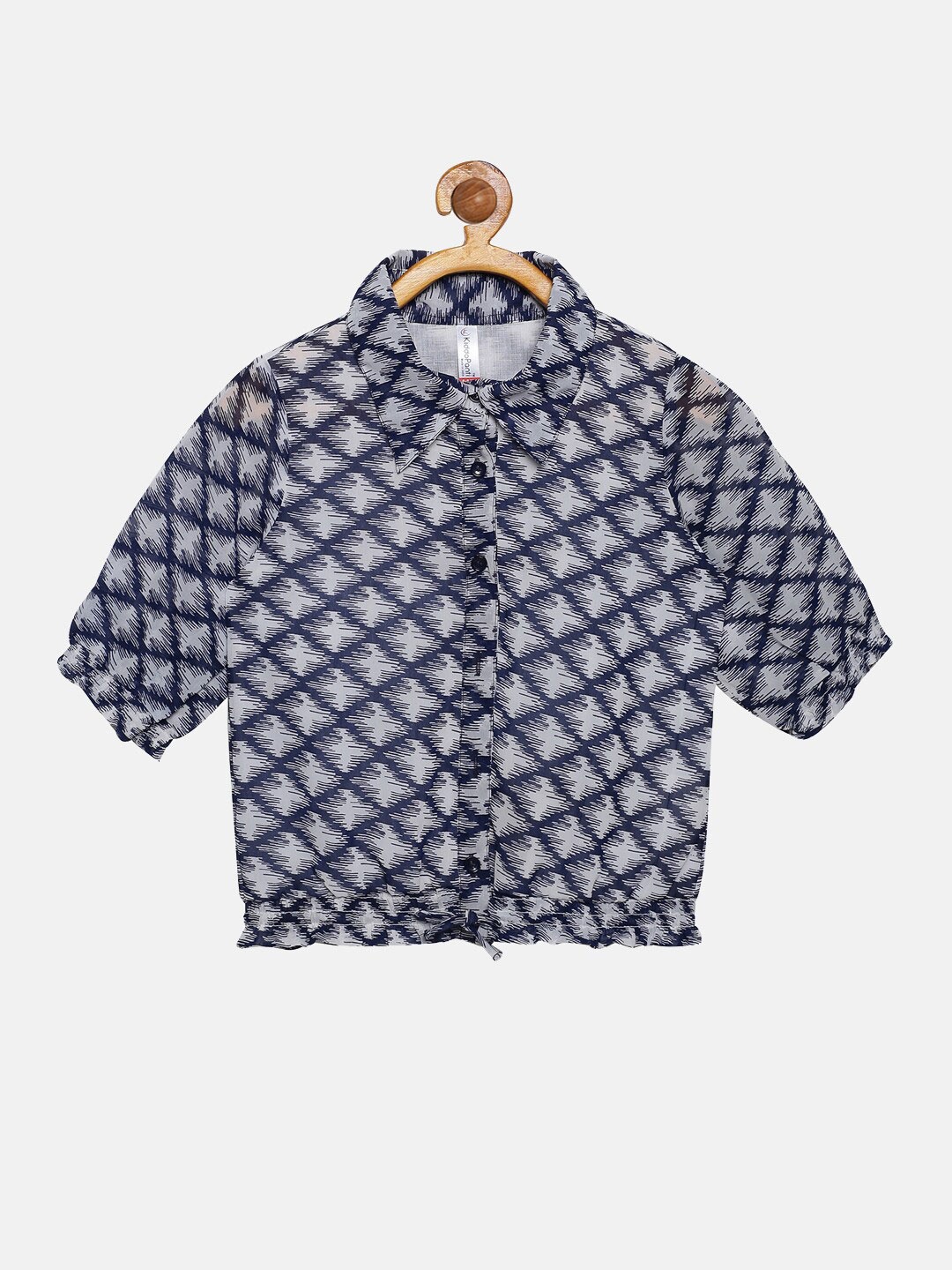 

KiddoPanti White & Navy Blue Geometric Print Georgette Shirt Style Top