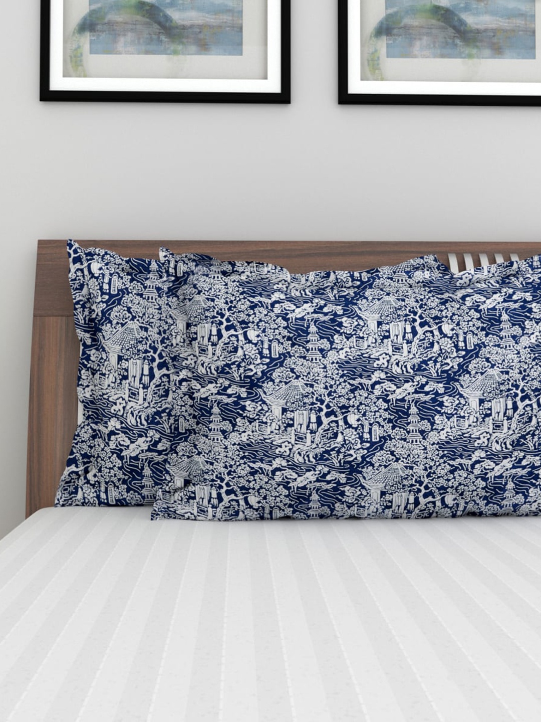 

Home Centre Set Of 2 Blue Printed Cotton Pillow Covers