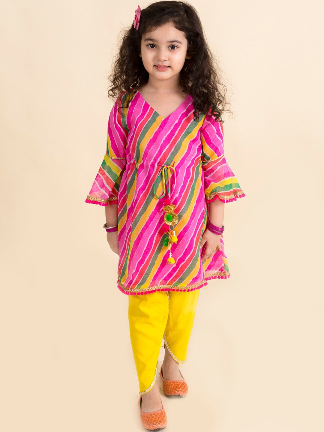 

pspeaches Girls Pink Striped Kurti with Dhoti Pants