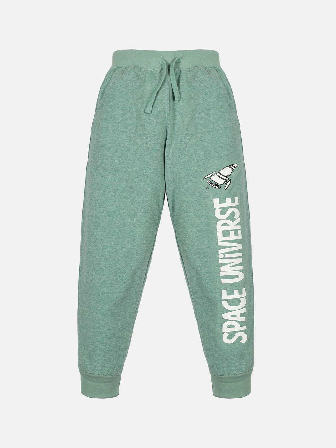 

KiddoPanti Boys Green Melange & White Printed Cotton Joggers