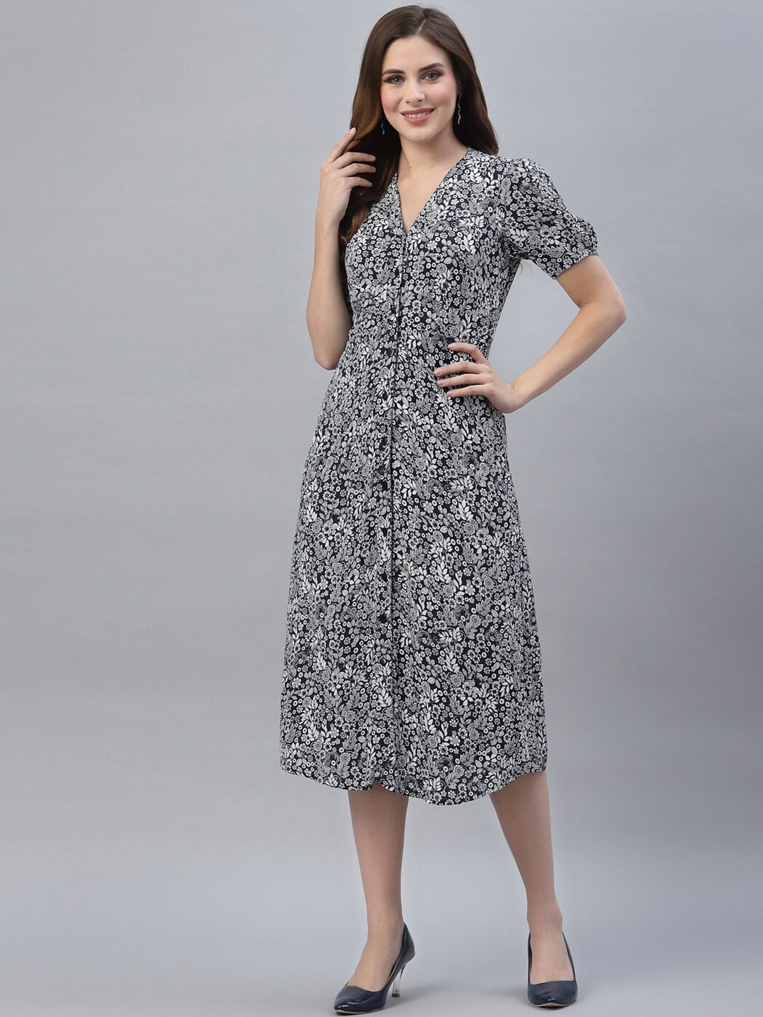 

Strong And Brave Navy Blue Floral Printed Odour Free A-Line Midi Dress