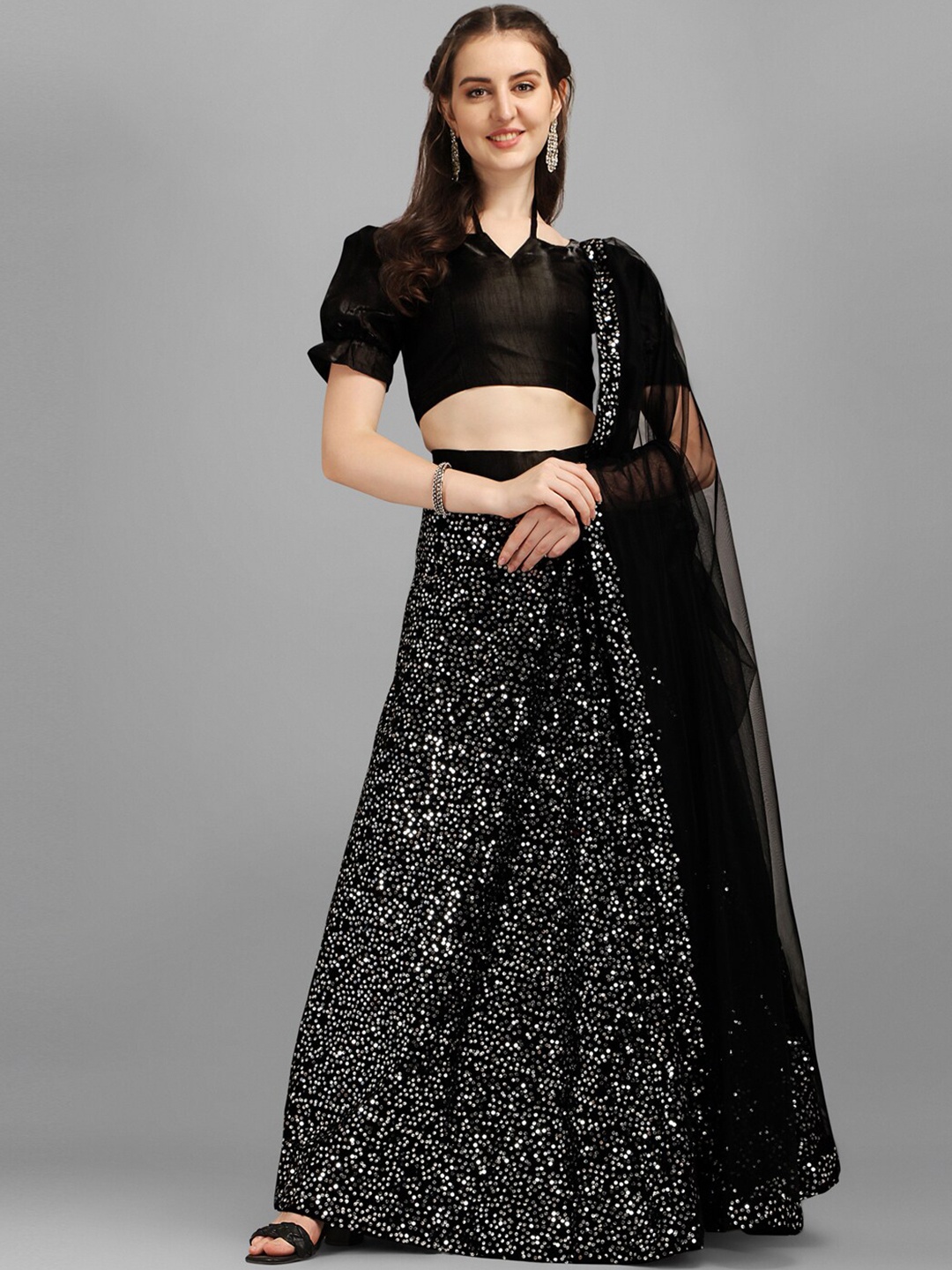 

Satrani Black Sequinned Semi-Stitched Lehenga & Unstitched Blouse With Dupatta