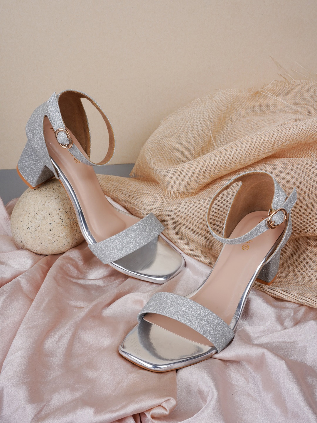 

HEELSNFEELS Silver-Toned Embellished Party Block Heels