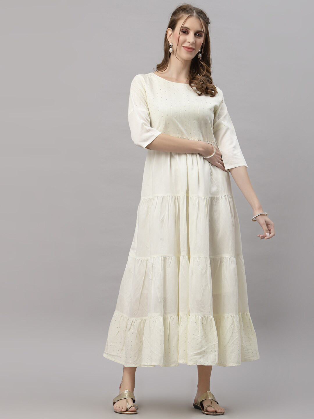 

Ragavi White Solid Ethnic Cotton A-Line Dress