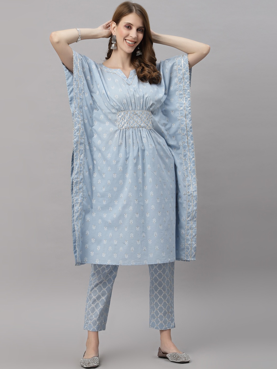 

Ragavi Women Blue Printed Pleated Pure Cotton Kurta with Trousers