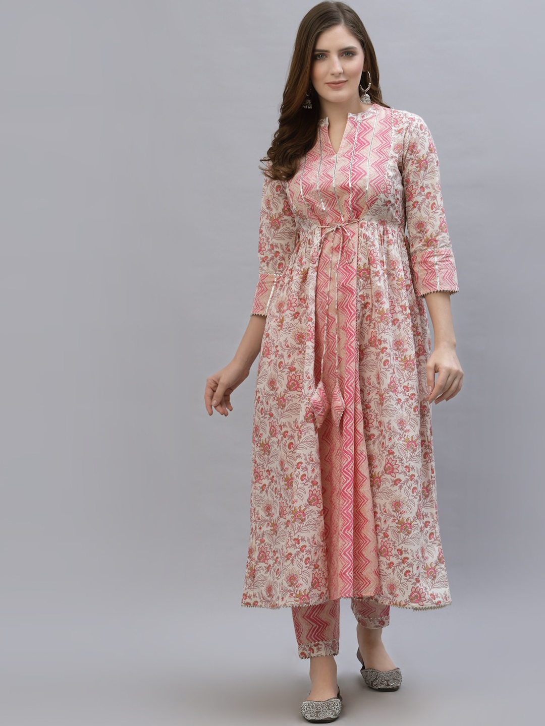 

Ragavi Women Pink Floral Striped Layered Pure Cotton Kurti with Trousers
