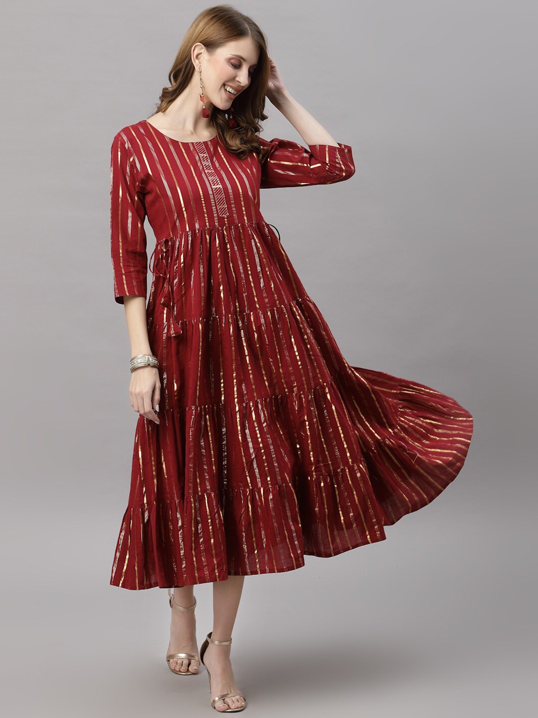 

Ragavi Red & Gold-Toned Striped Ethnic Flared Tiered Maxi Dress