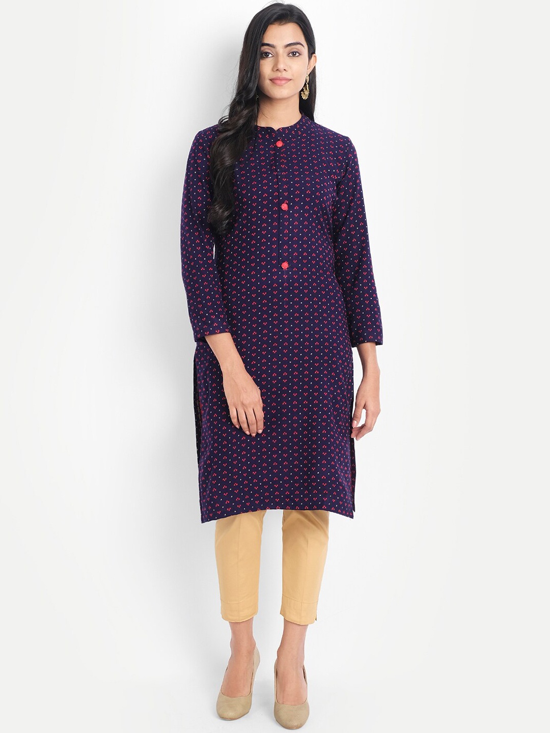 

Alavya Women Navy Blue & Orange Micro Ditsy Geometric Printed Dobby Kurta