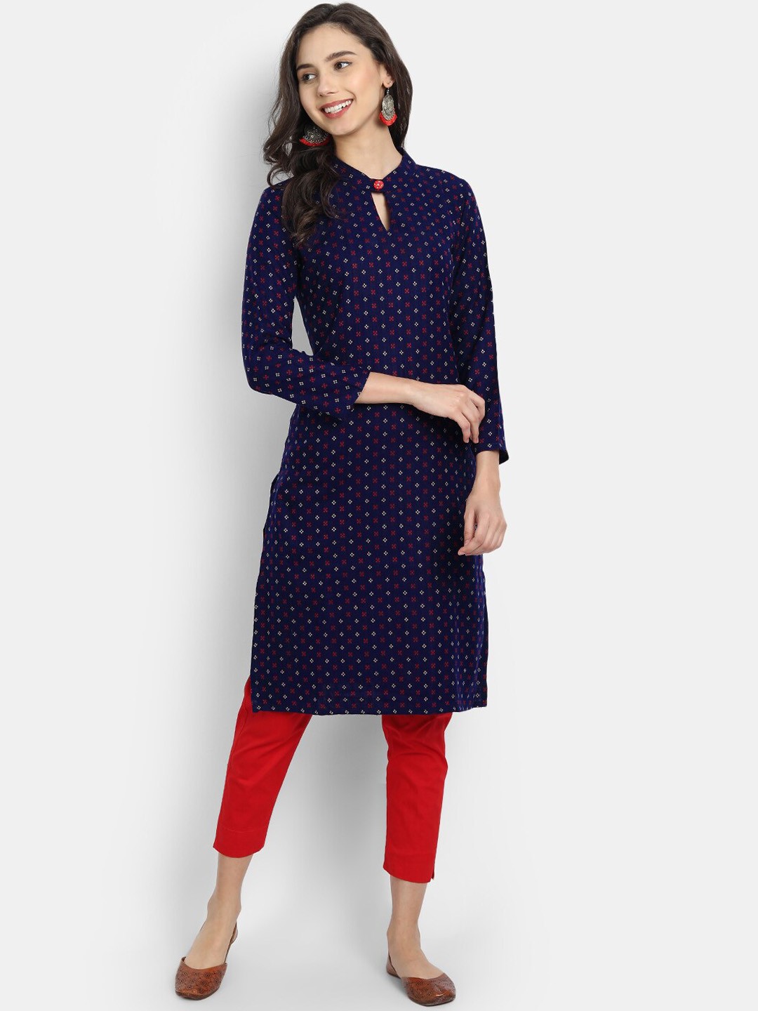 

Alavya Women Navy Blue Geometric Printed Keyhole Neck Kurta