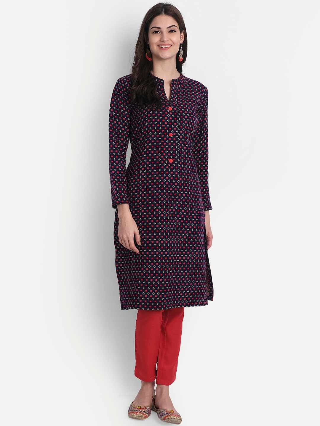 

Alavya Women Navy Blue Geometric Thread Work Dobby Kurta