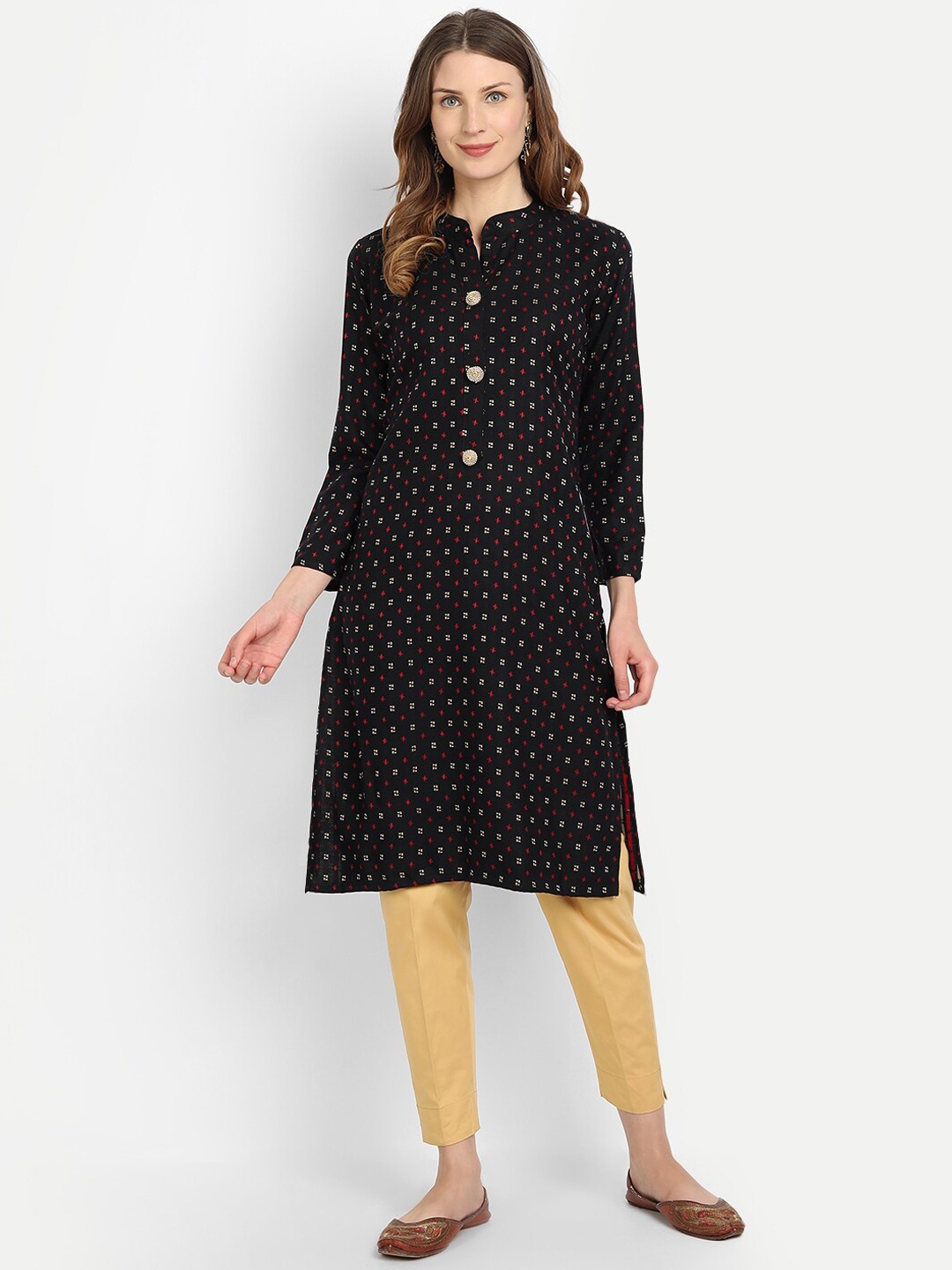 

Alavya Women Black Ethnic Motifs Printed regular Sleeves Thread Work Dobby Kurta
