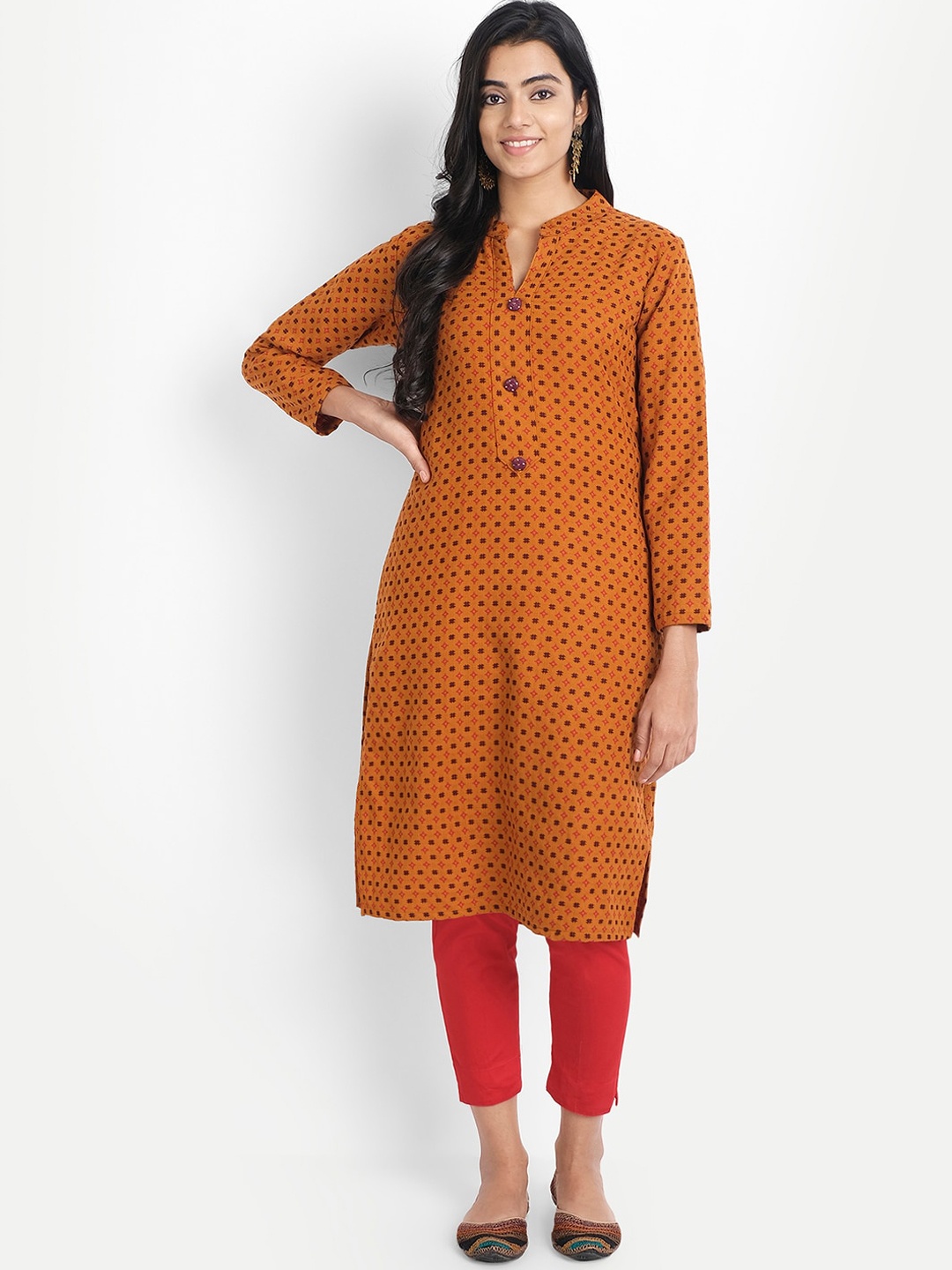 

Alavya Women Yellow Geometric Printed Dobby Winter Acrylic Woolen Kurta