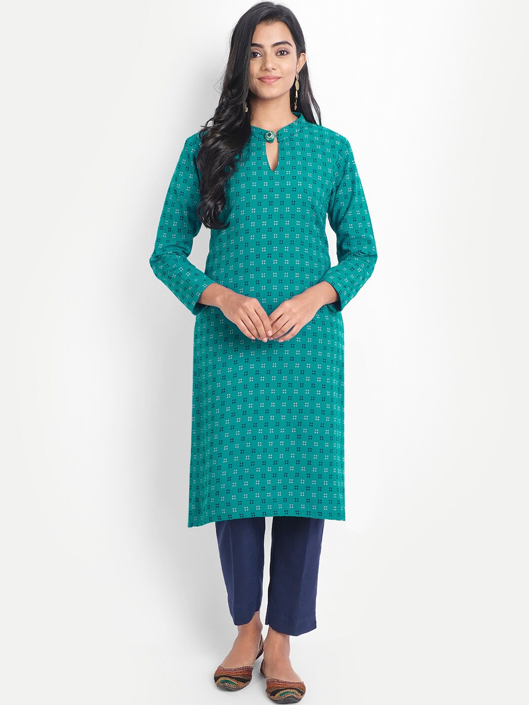 

Alavya Women Green Geometric Printed Keyhole Neck Dobby Kurta