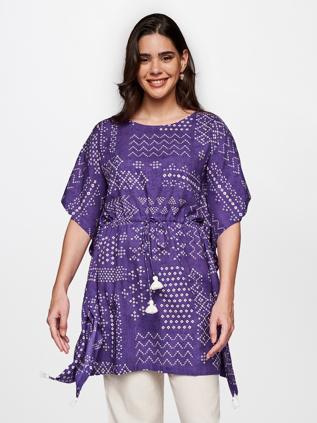 

itse Purple & White Floral Print Extended Sleeves Kaftan Top